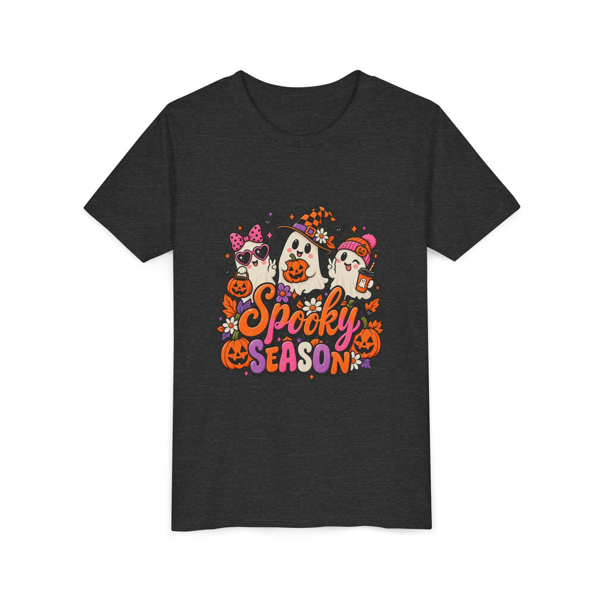 Youth Halloween Tee - "Spooky Season" Ghosts & Pumpkins Graphic Shirt