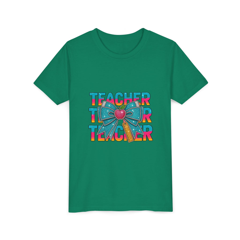 Youth Teacher Tee — Colorful Retro "Teacher" Text with Bow Pencil Graphic