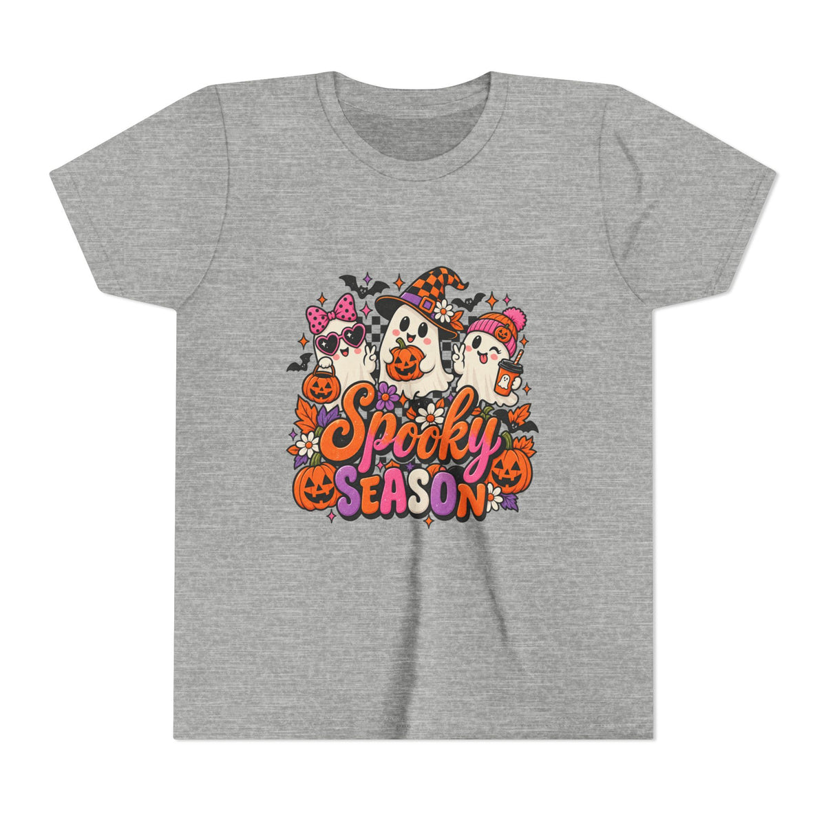 Youth Halloween Tee - "Spooky Season" Ghosts & Pumpkins Graphic Shirt