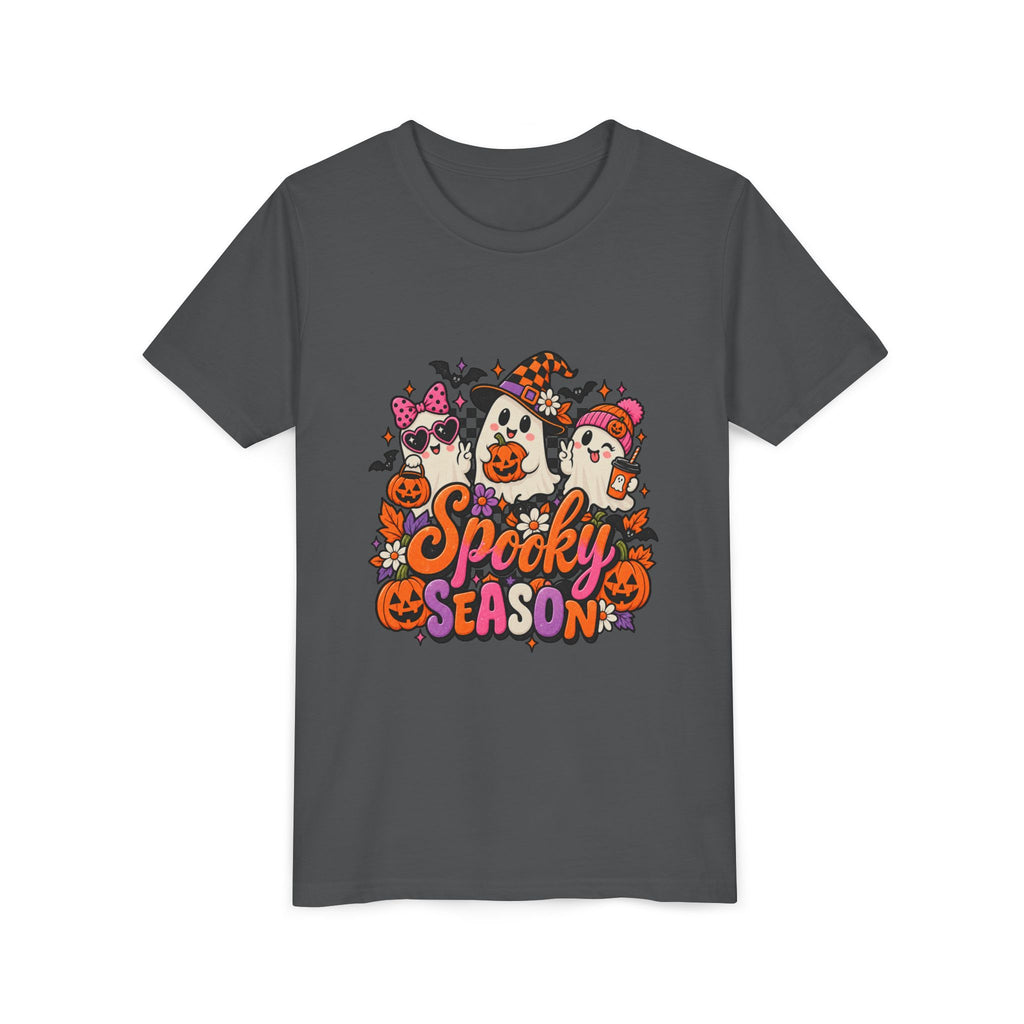 Youth Halloween Tee - "Spooky Season" Ghosts & Pumpkins Graphic Shirt