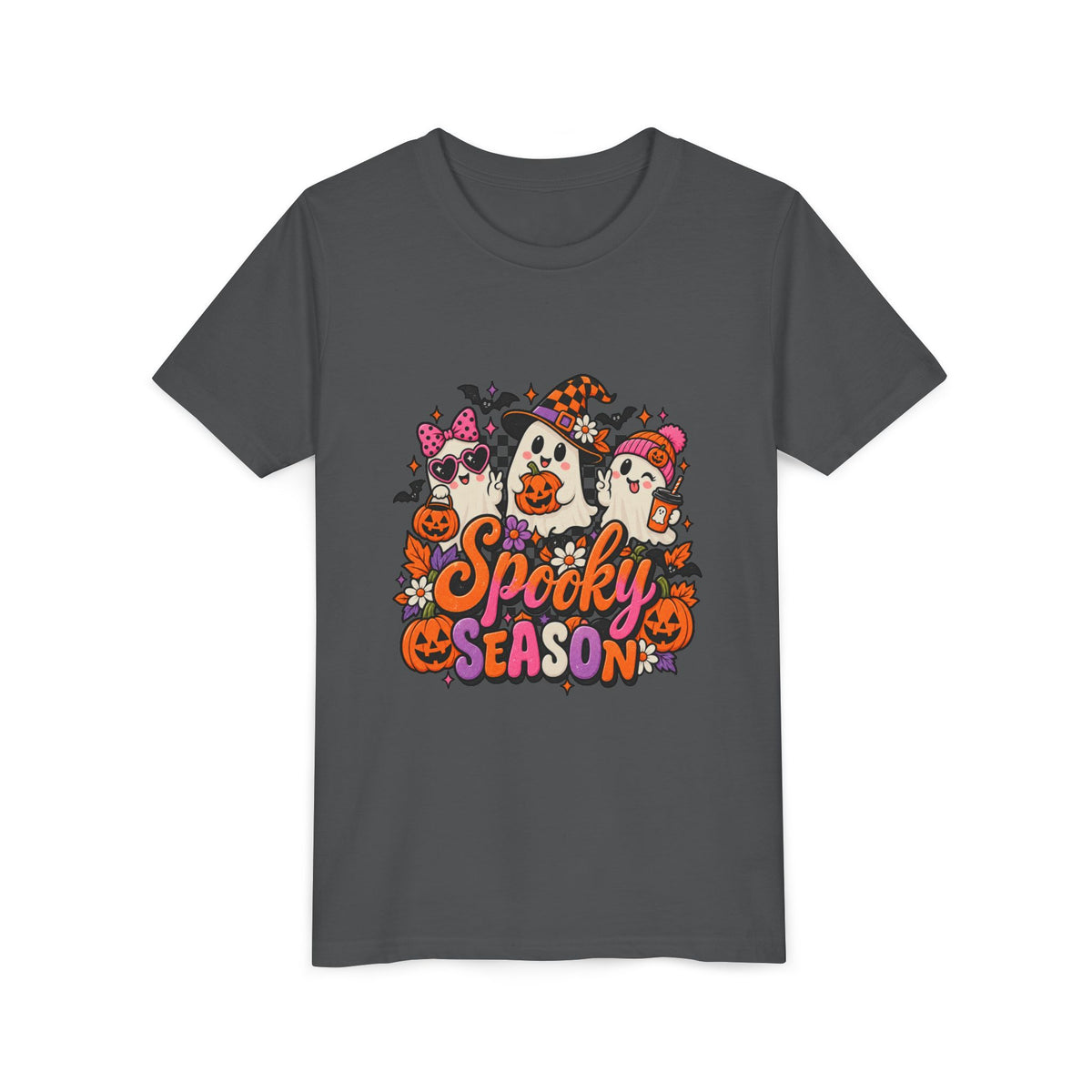 Youth Halloween Tee - "Spooky Season" Ghosts & Pumpkins Graphic Shirt