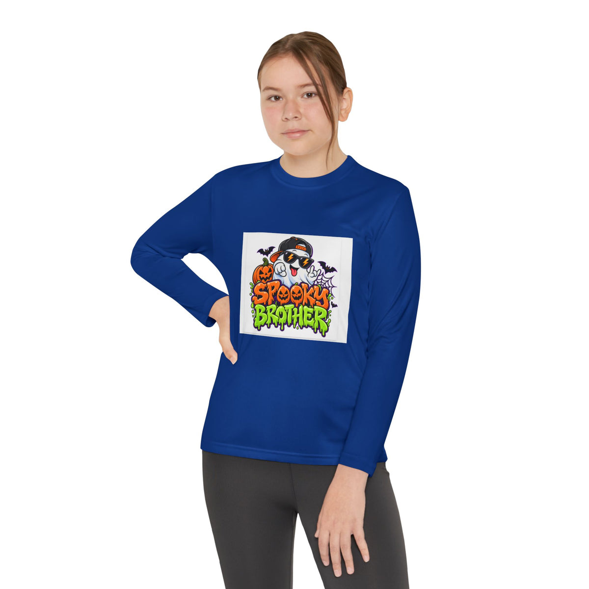 Youth Long Sleeve Tee — "Spooky Brother" Halloween Ghost Graphic