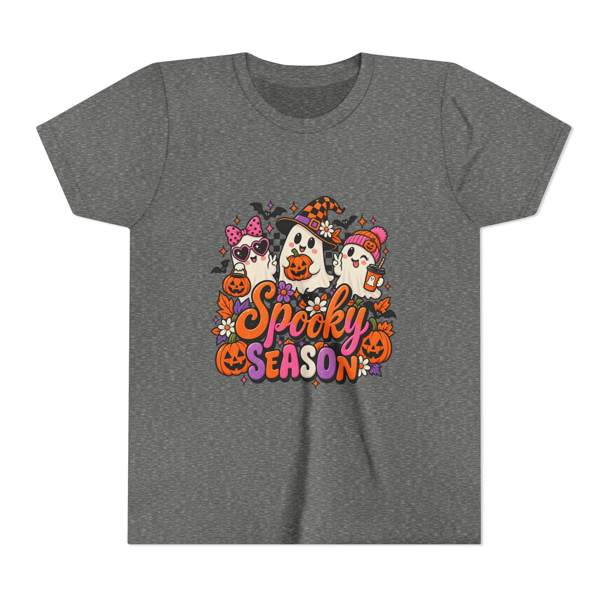 Youth Halloween Tee - "Spooky Season" Ghosts & Pumpkins Graphic Shirt