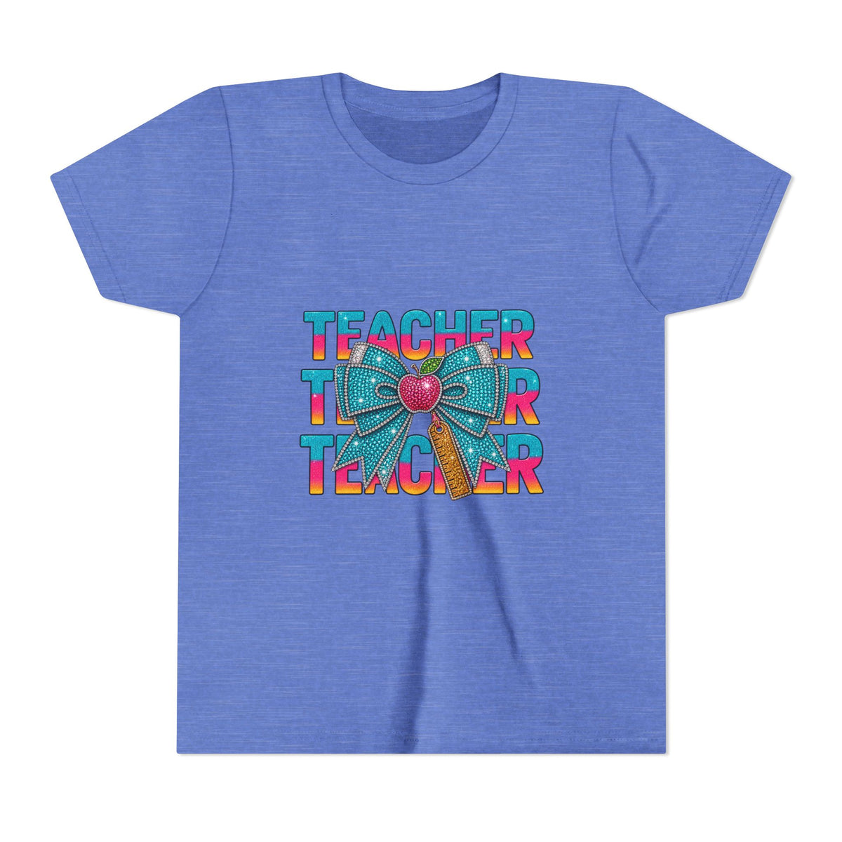 Youth Teacher Tee — Colorful Retro "Teacher" Text with Bow Pencil Graphic