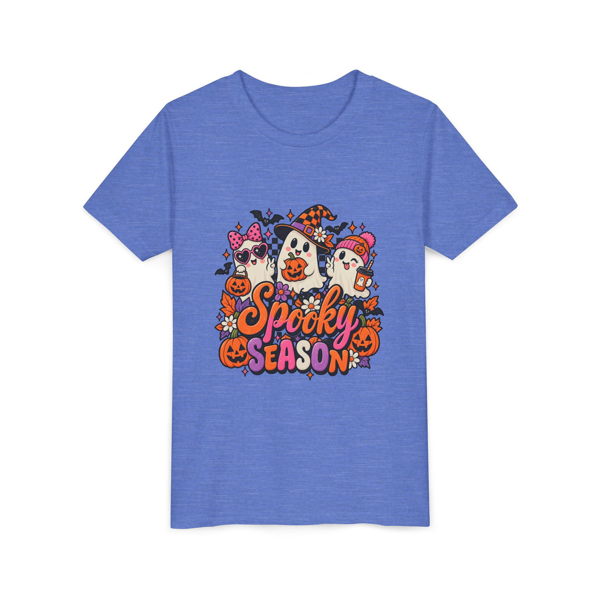 Youth Halloween Tee - "Spooky Season" Ghosts & Pumpkins Graphic Shirt