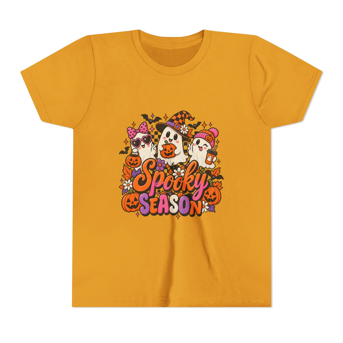 Youth Halloween Tee - "Spooky Season" Ghosts & Pumpkins Graphic Shirt