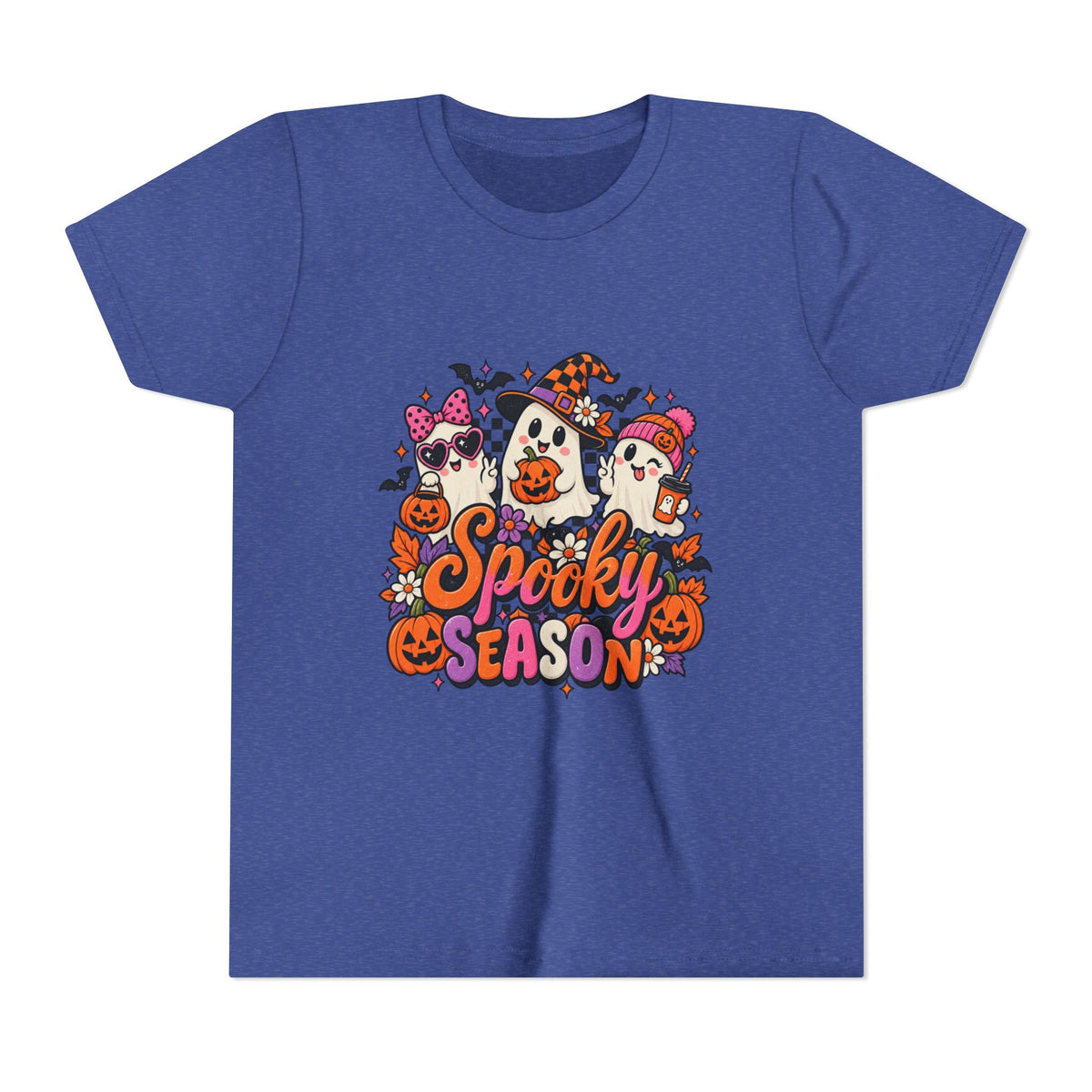 Youth Halloween Tee - "Spooky Season" Ghosts & Pumpkins Graphic Shirt