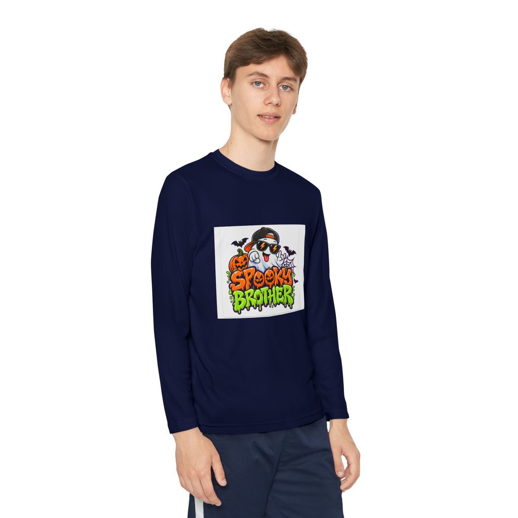 Youth Long Sleeve Tee — "Spooky Brother" Halloween Ghost Graphic