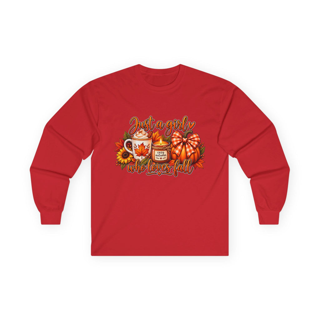 Just a Girl Who Loves Fall Long Sleeve Tee — Cozy Pumpkin & Coffee Autumn Shirt