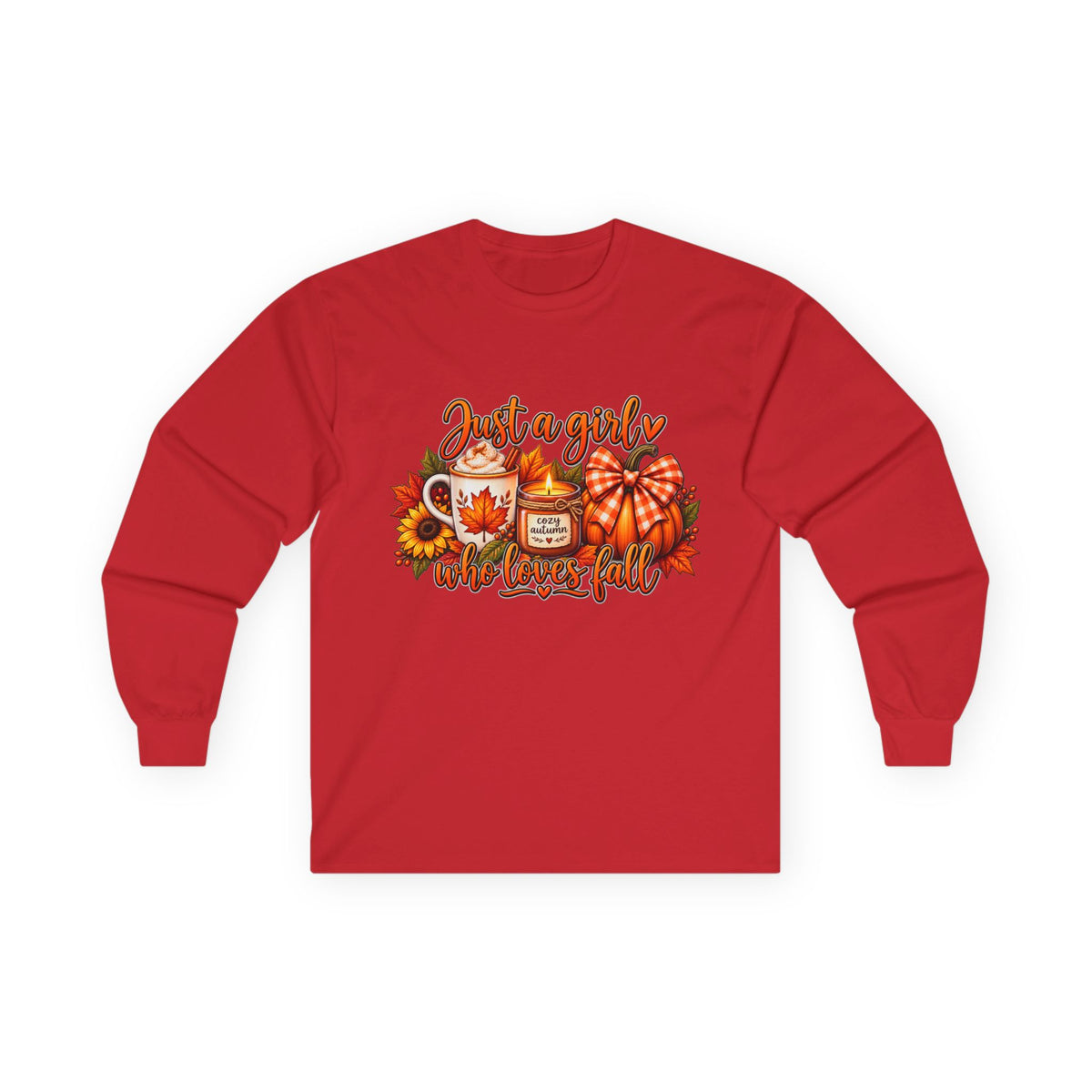 Just a Girl Who Loves Fall Long Sleeve Tee — Cozy Pumpkin & Coffee Autumn Shirt