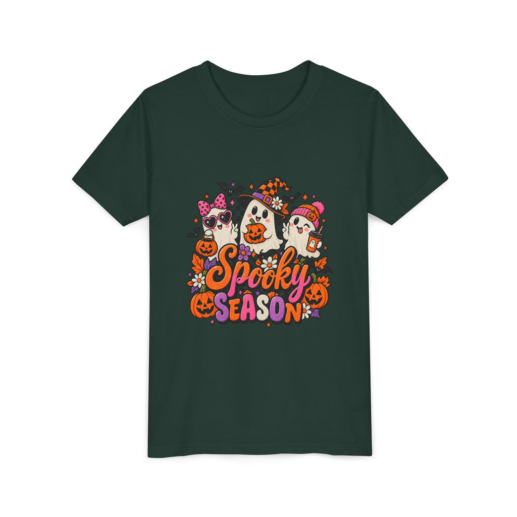 Youth Halloween Tee - "Spooky Season" Ghosts & Pumpkins Graphic Shirt