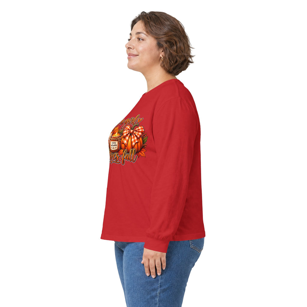 Just a Girl Who Loves Fall Long Sleeve Tee — Cozy Pumpkin & Coffee Autumn Shirt