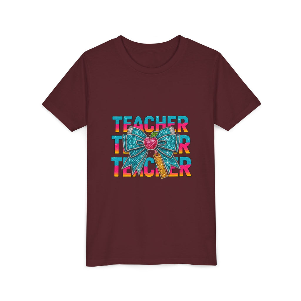 Youth Teacher Tee — Colorful Retro "Teacher" Text with Bow Pencil Graphic