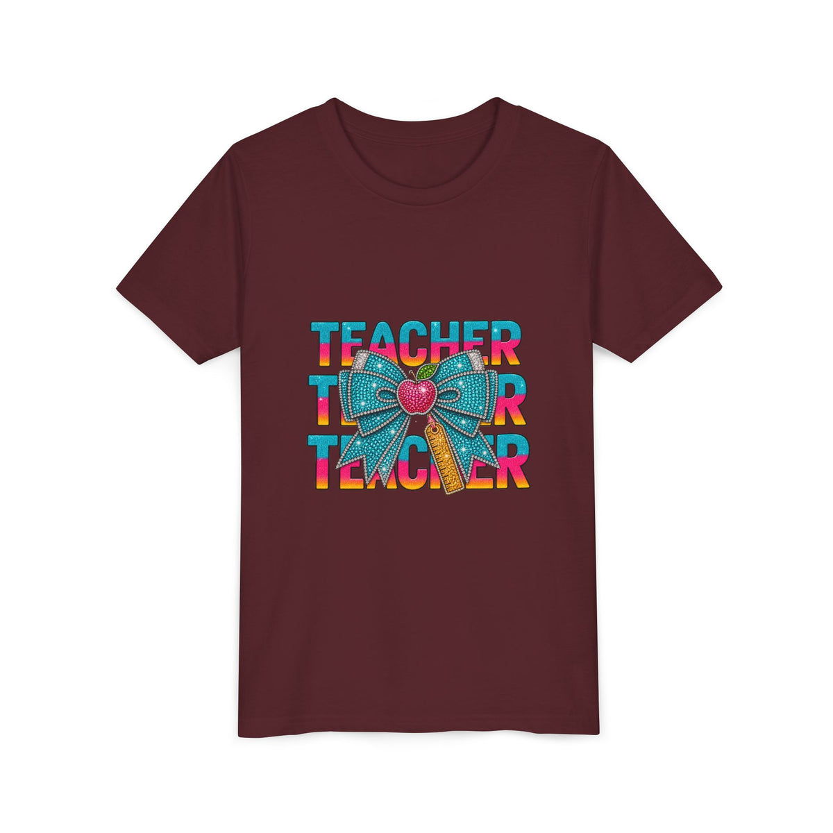 Youth Teacher Tee — Colorful Retro "Teacher" Text with Bow Pencil Graphic