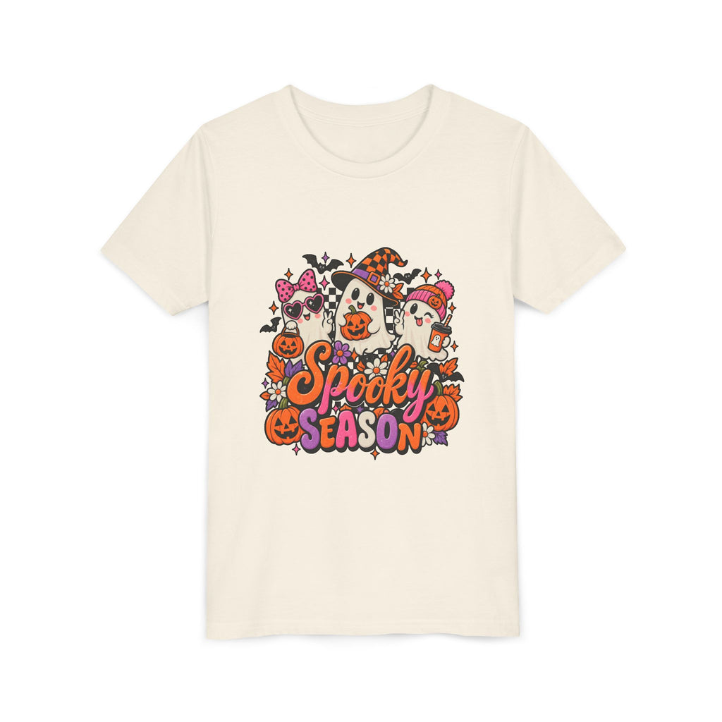 Youth Halloween Tee - "Spooky Season" Ghosts & Pumpkins Graphic Shirt