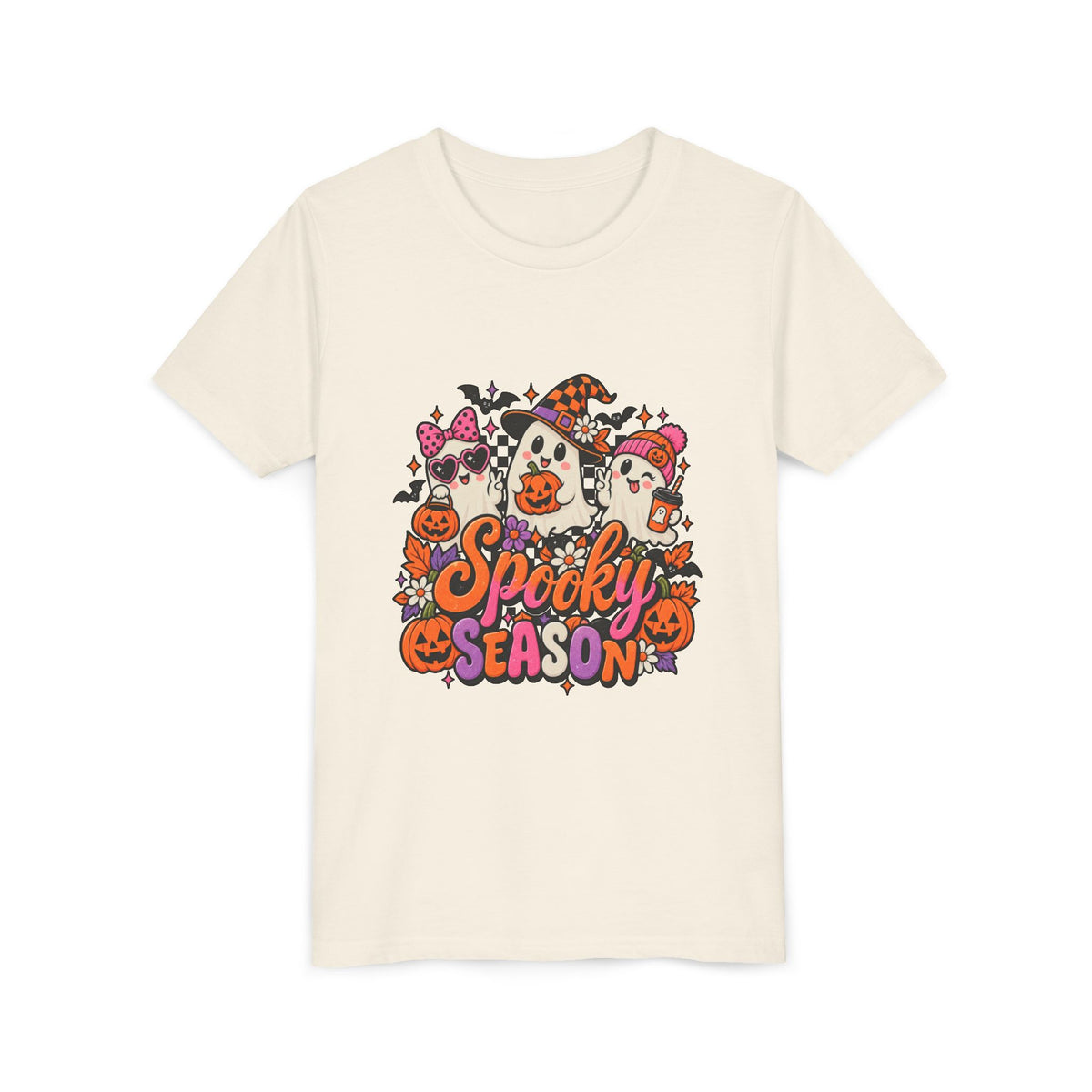 Youth Halloween Tee - "Spooky Season" Ghosts & Pumpkins Graphic Shirt