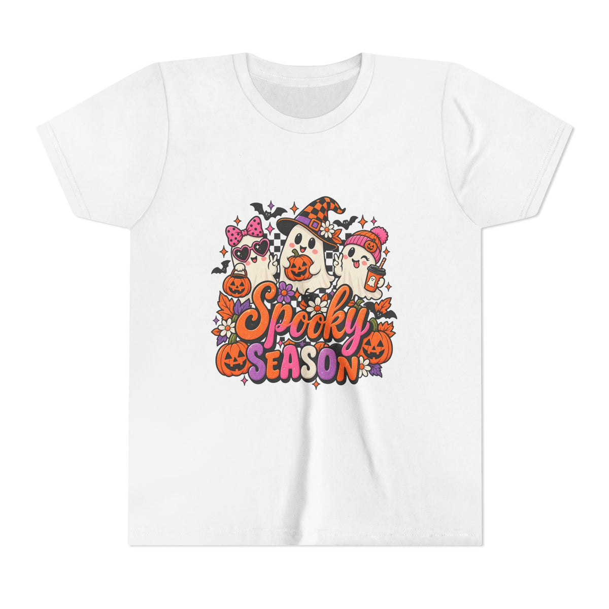 Youth Halloween Tee - "Spooky Season" Ghosts & Pumpkins Graphic Shirt
