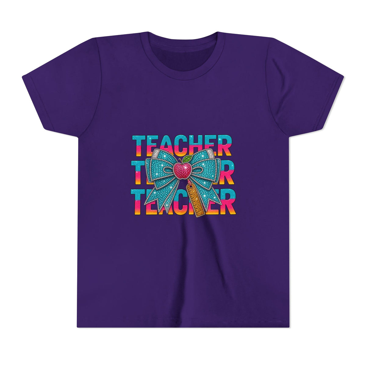 Youth Teacher Tee — Colorful Retro "Teacher" Text with Bow Pencil Graphic