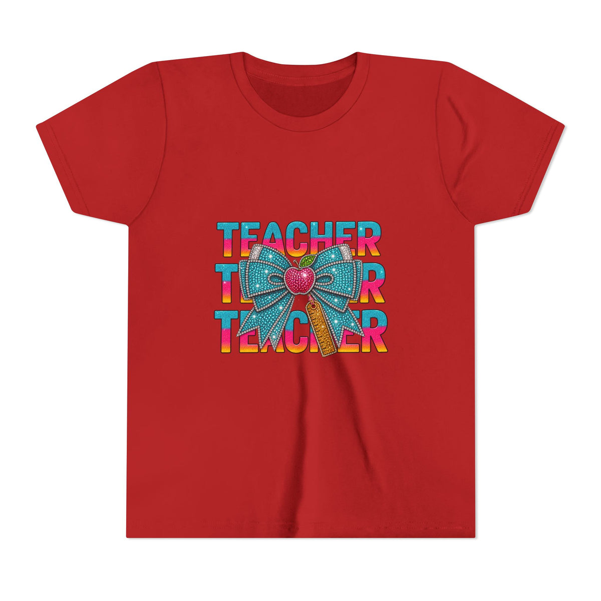 Youth Teacher Tee — Colorful Retro "Teacher" Text with Bow Pencil Graphic