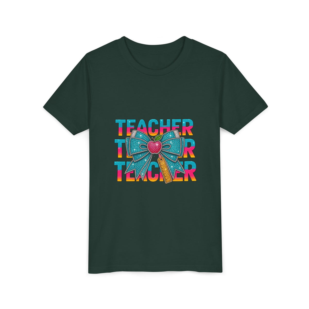 Youth Teacher Tee — Colorful Retro "Teacher" Text with Bow Pencil Graphic