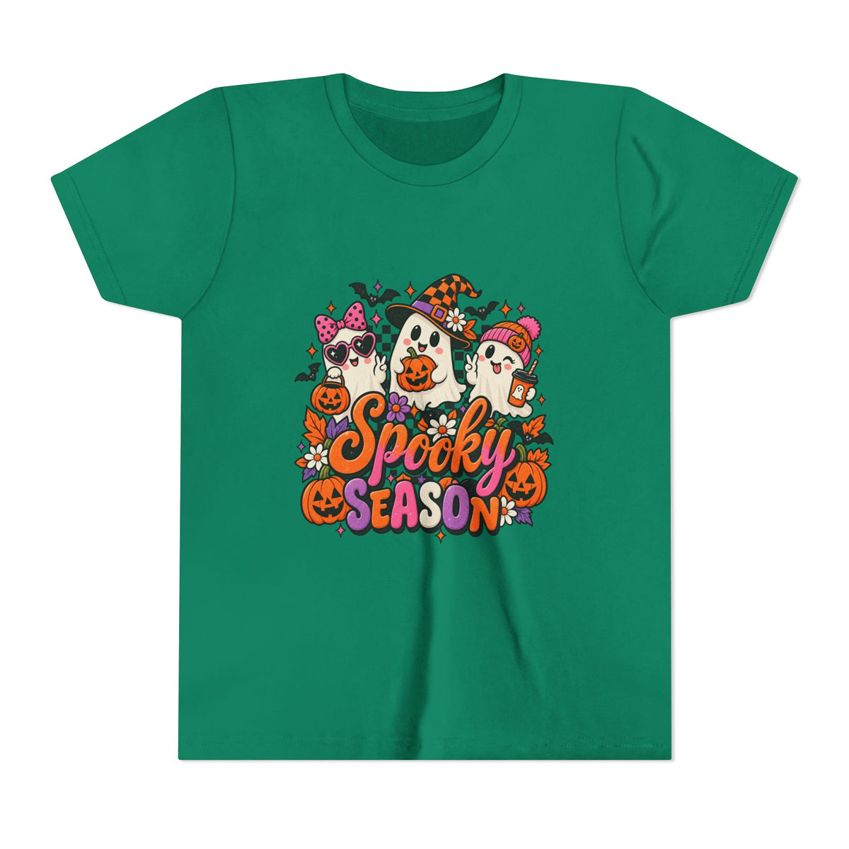 Youth Halloween Tee - "Spooky Season" Ghosts & Pumpkins Graphic Shirt