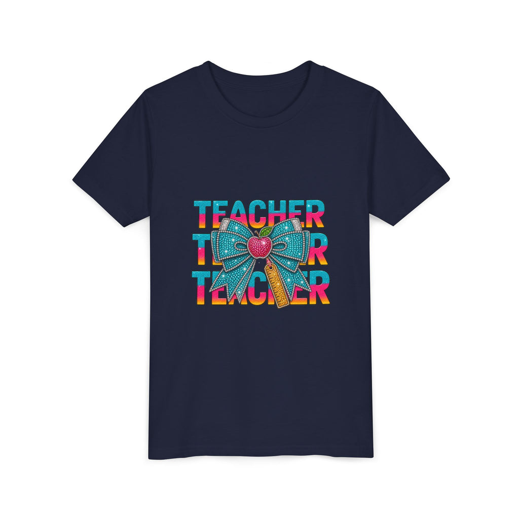 Youth Teacher Tee — Colorful Retro "Teacher" Text with Bow Pencil Graphic