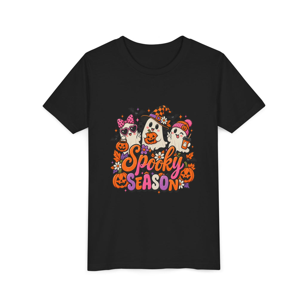 Youth Halloween Tee - "Spooky Season" Ghosts & Pumpkins Graphic Shirt