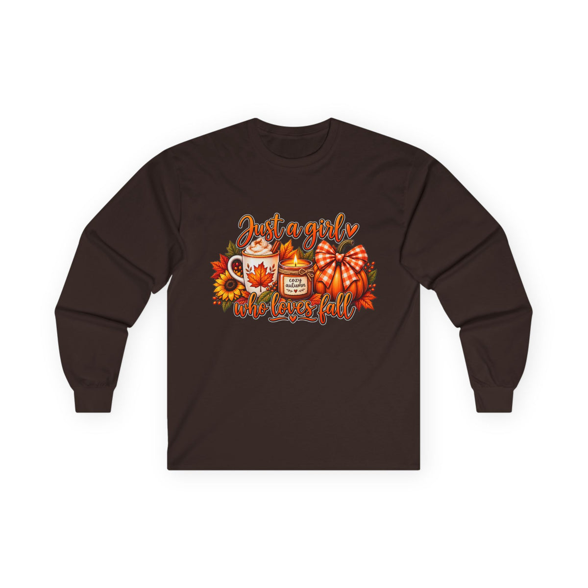 Just a Girl Who Loves Fall Long Sleeve Tee — Cozy Pumpkin & Coffee Autumn Shirt