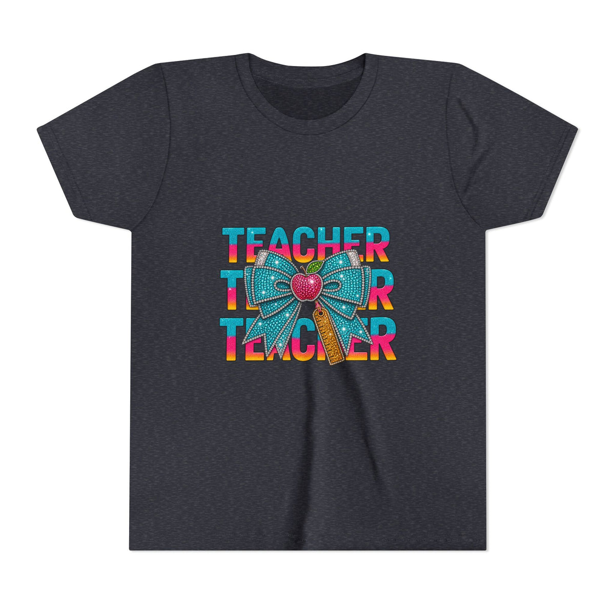Youth Teacher Tee — Colorful Retro "Teacher" Text with Bow Pencil Graphic
