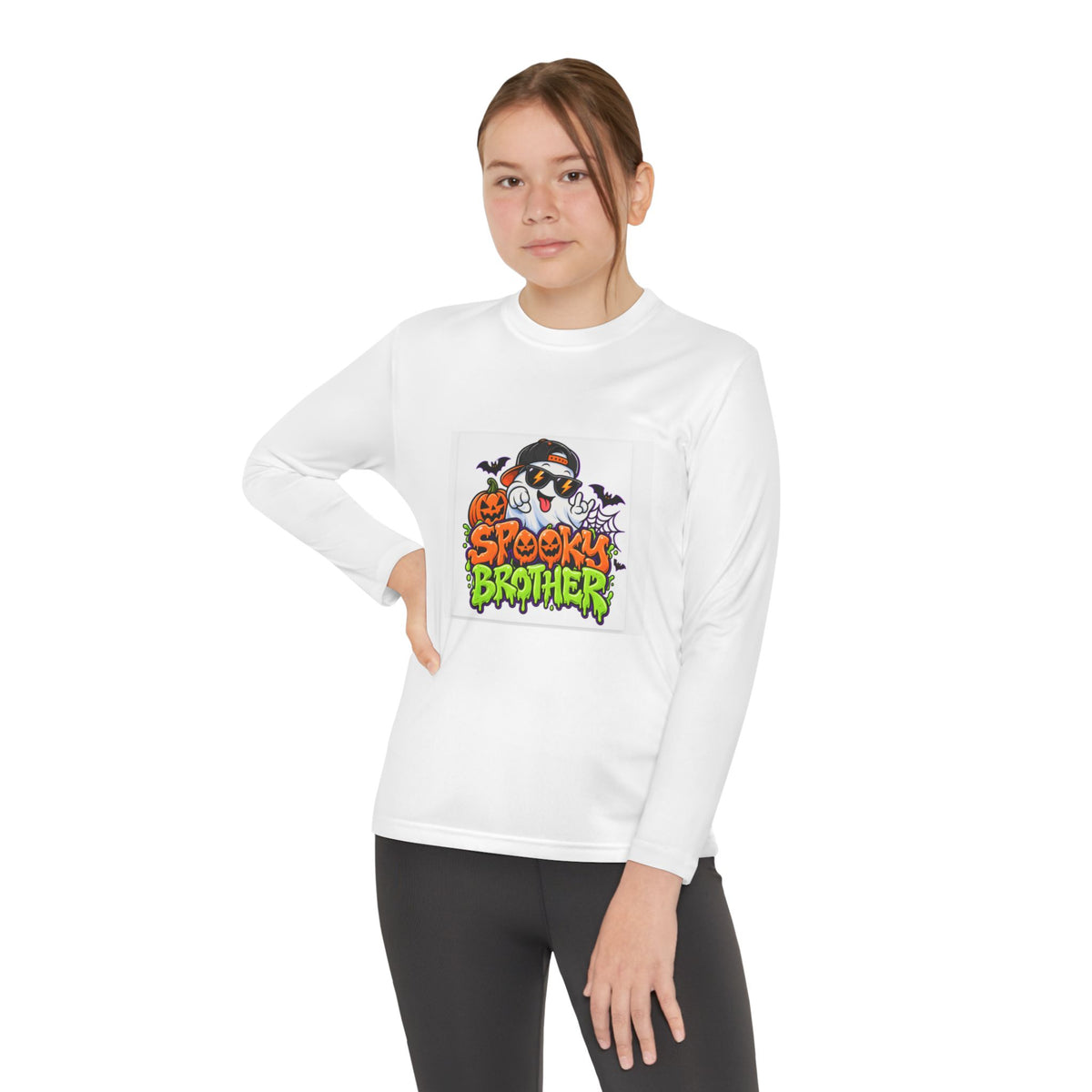 Youth Long Sleeve Tee — "Spooky Brother" Halloween Ghost Graphic