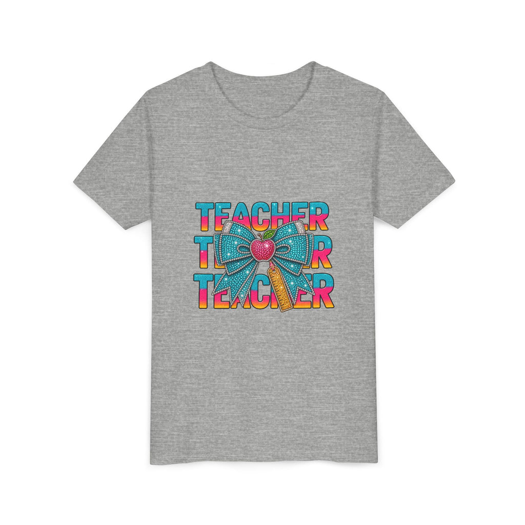 Youth Teacher Tee — Colorful Retro "Teacher" Text with Bow Pencil Graphic