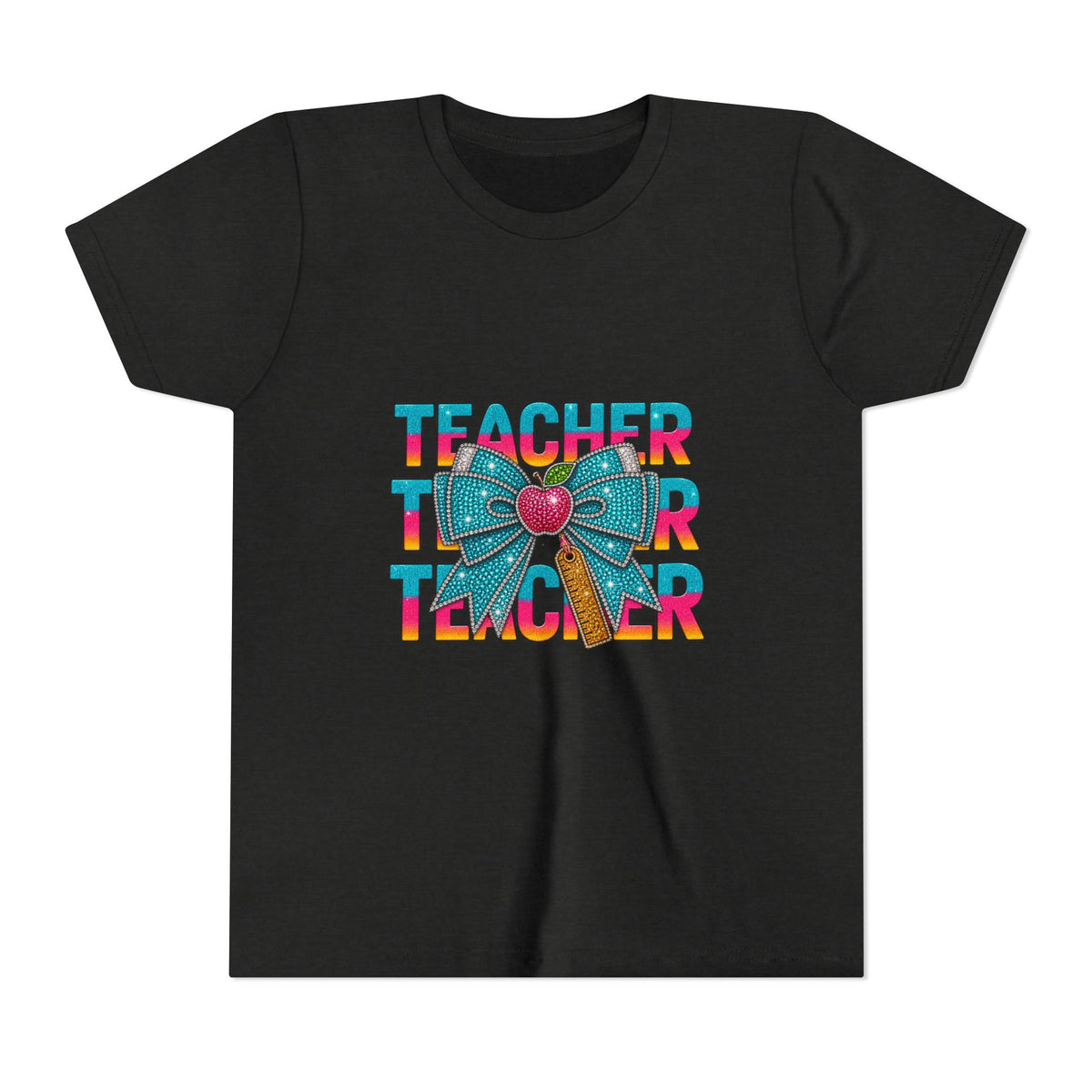Youth Teacher Tee — Colorful Retro "Teacher" Text with Bow Pencil Graphic