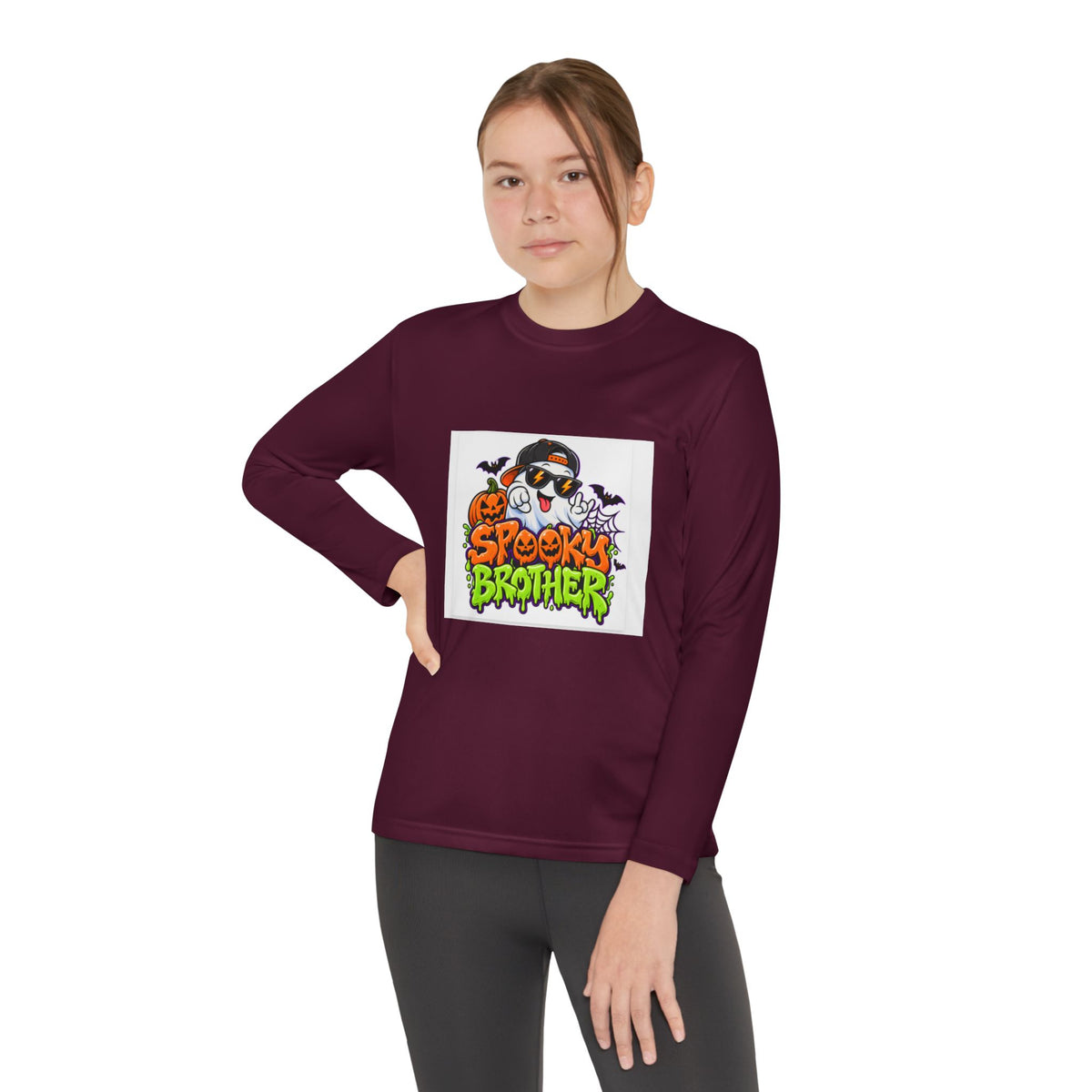 Youth Long Sleeve Tee — "Spooky Brother" Halloween Ghost Graphic