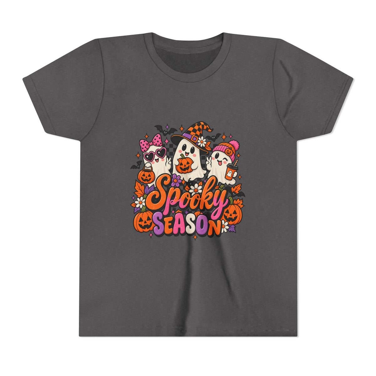 Youth Halloween Tee - "Spooky Season" Ghosts & Pumpkins Graphic Shirt