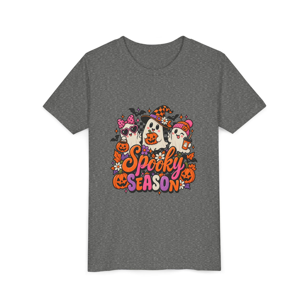Youth Halloween Tee - "Spooky Season" Ghosts & Pumpkins Graphic Shirt