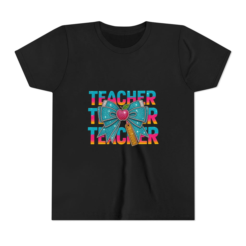 Youth Teacher Tee — Colorful Retro "Teacher" Text with Bow Pencil Graphic