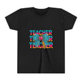 Youth Teacher Tee — Colorful Retro "Teacher" Text with Bow Pencil Graphic