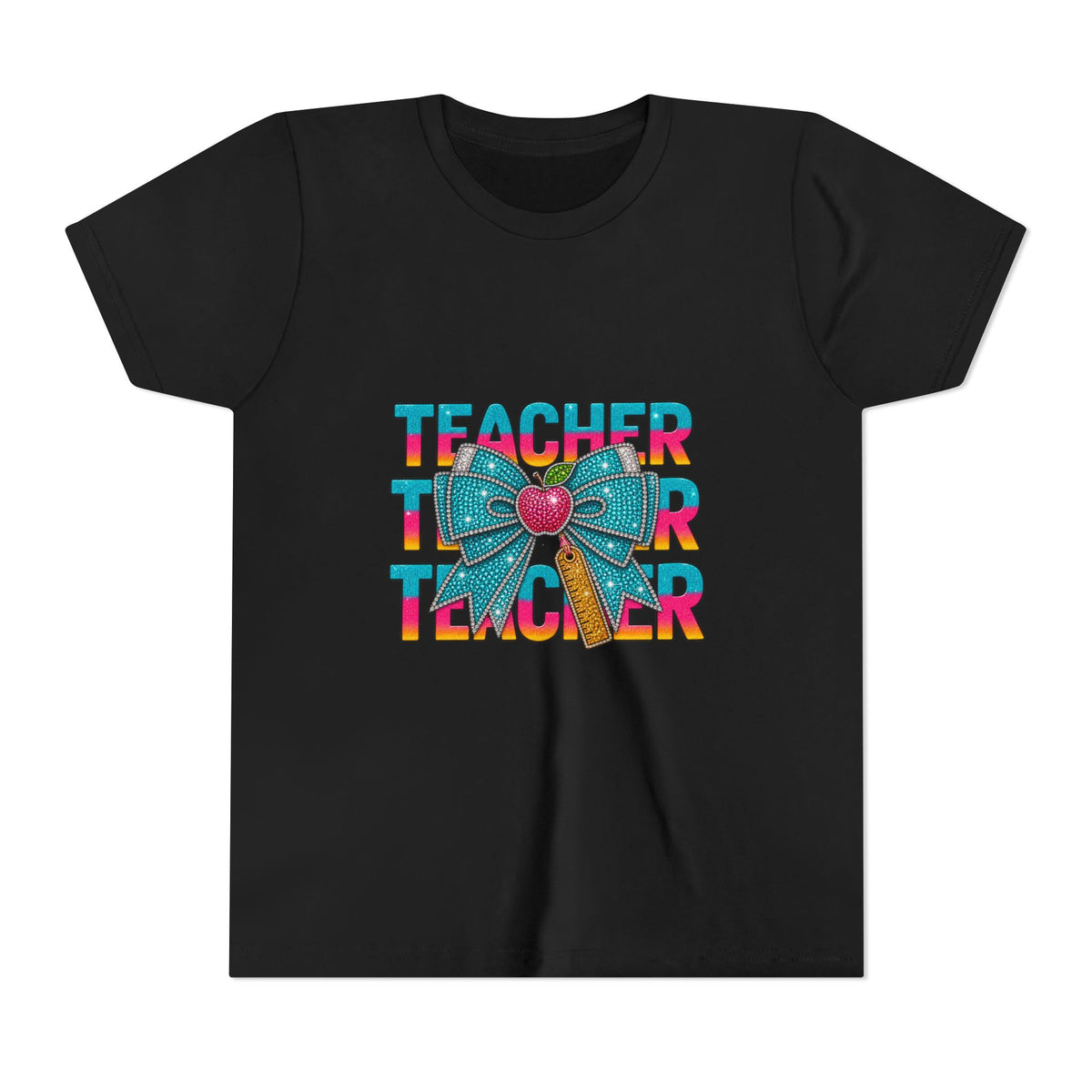 Youth Teacher Tee — Colorful Retro "Teacher" Text with Bow Pencil Graphic