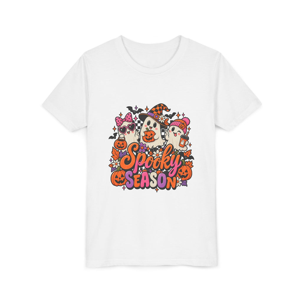 Youth Halloween Tee - "Spooky Season" Ghosts & Pumpkins Graphic Shirt