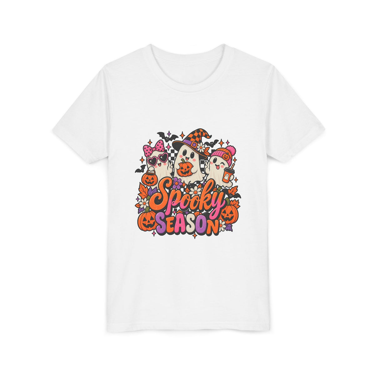 Youth Halloween Tee - "Spooky Season" Ghosts & Pumpkins Graphic Shirt