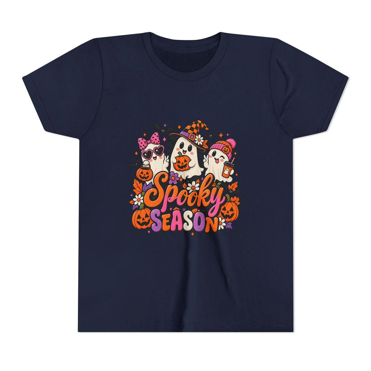 Youth Halloween Tee - "Spooky Season" Ghosts & Pumpkins Graphic Shirt