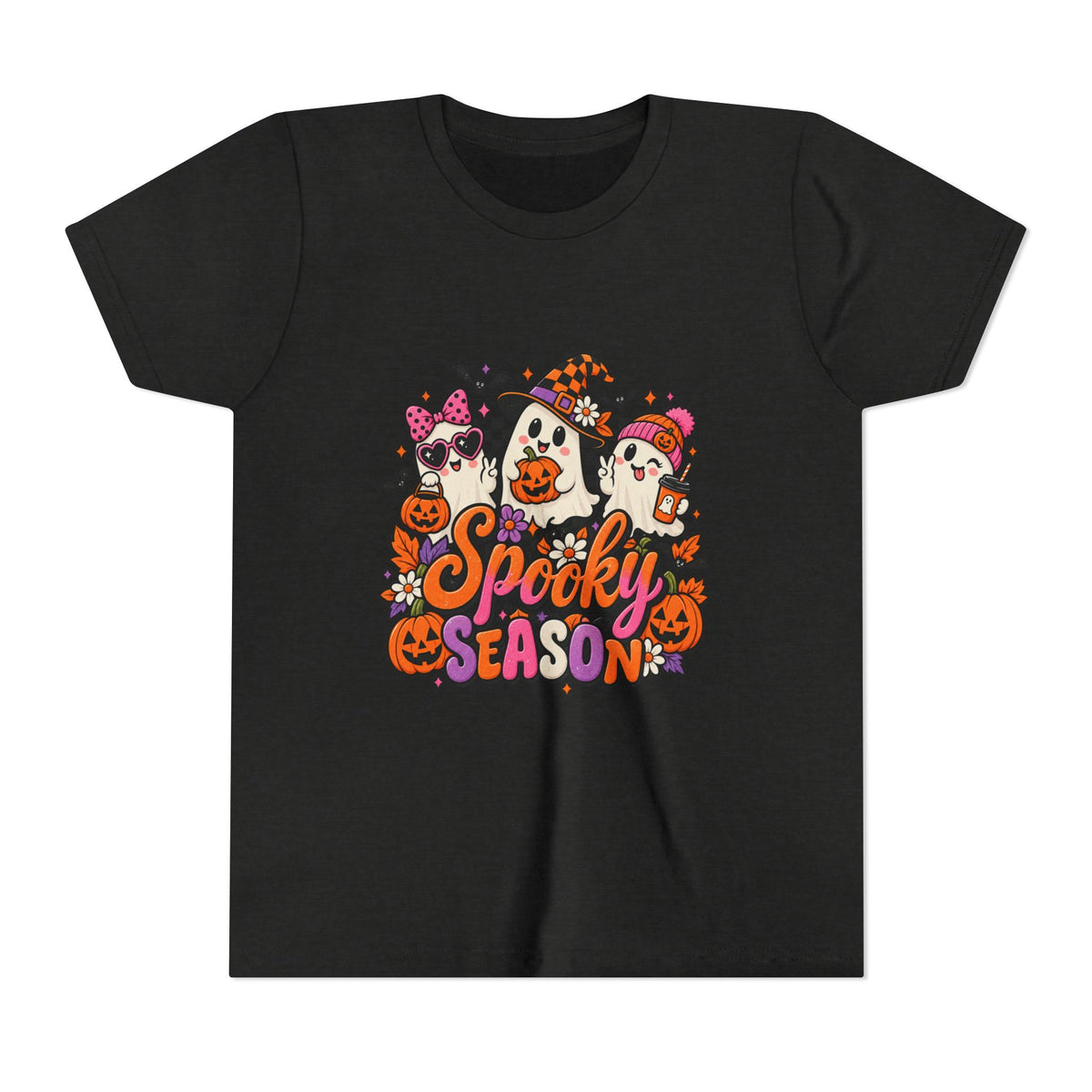 Youth Halloween Tee - "Spooky Season" Ghosts & Pumpkins Graphic Shirt