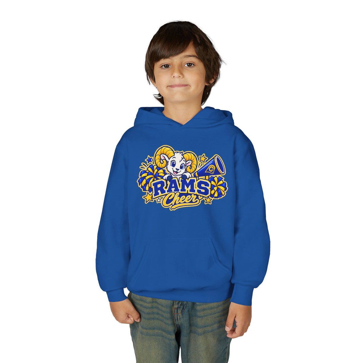 Youth Rams Cheer Hoodie – Cute Ram Mascot & Pom-Poms Team Sweatshirt