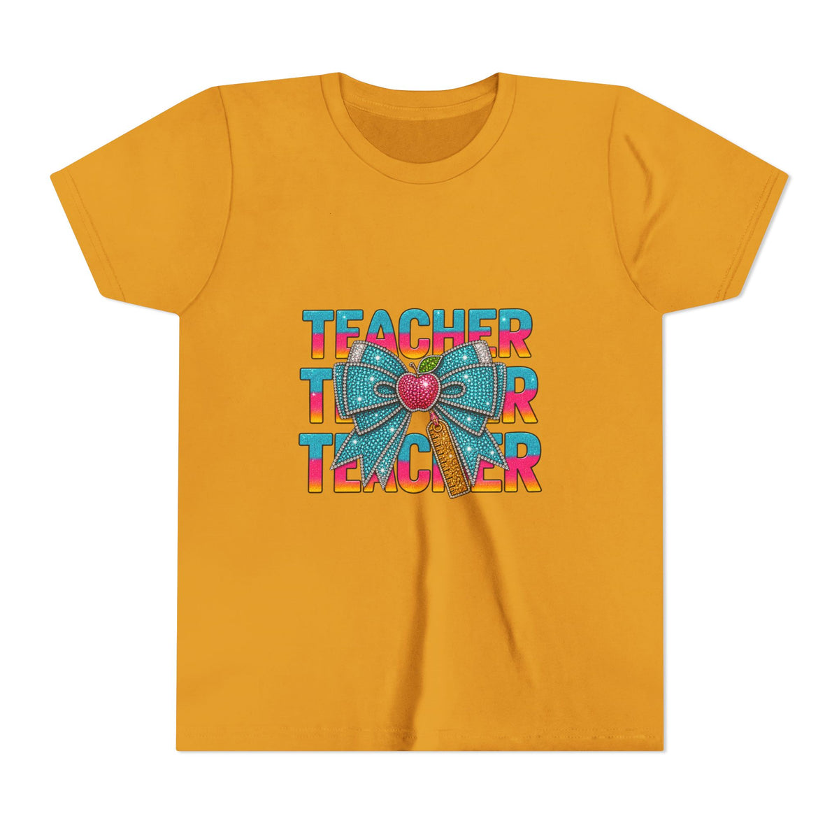 Youth Teacher Tee — Colorful Retro "Teacher" Text with Bow Pencil Graphic