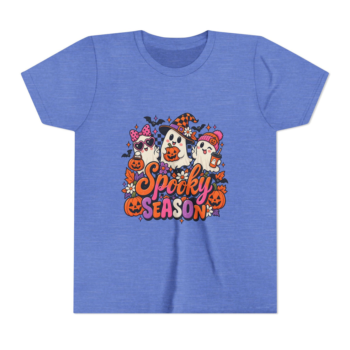 Youth Halloween Tee - "Spooky Season" Ghosts & Pumpkins Graphic Shirt