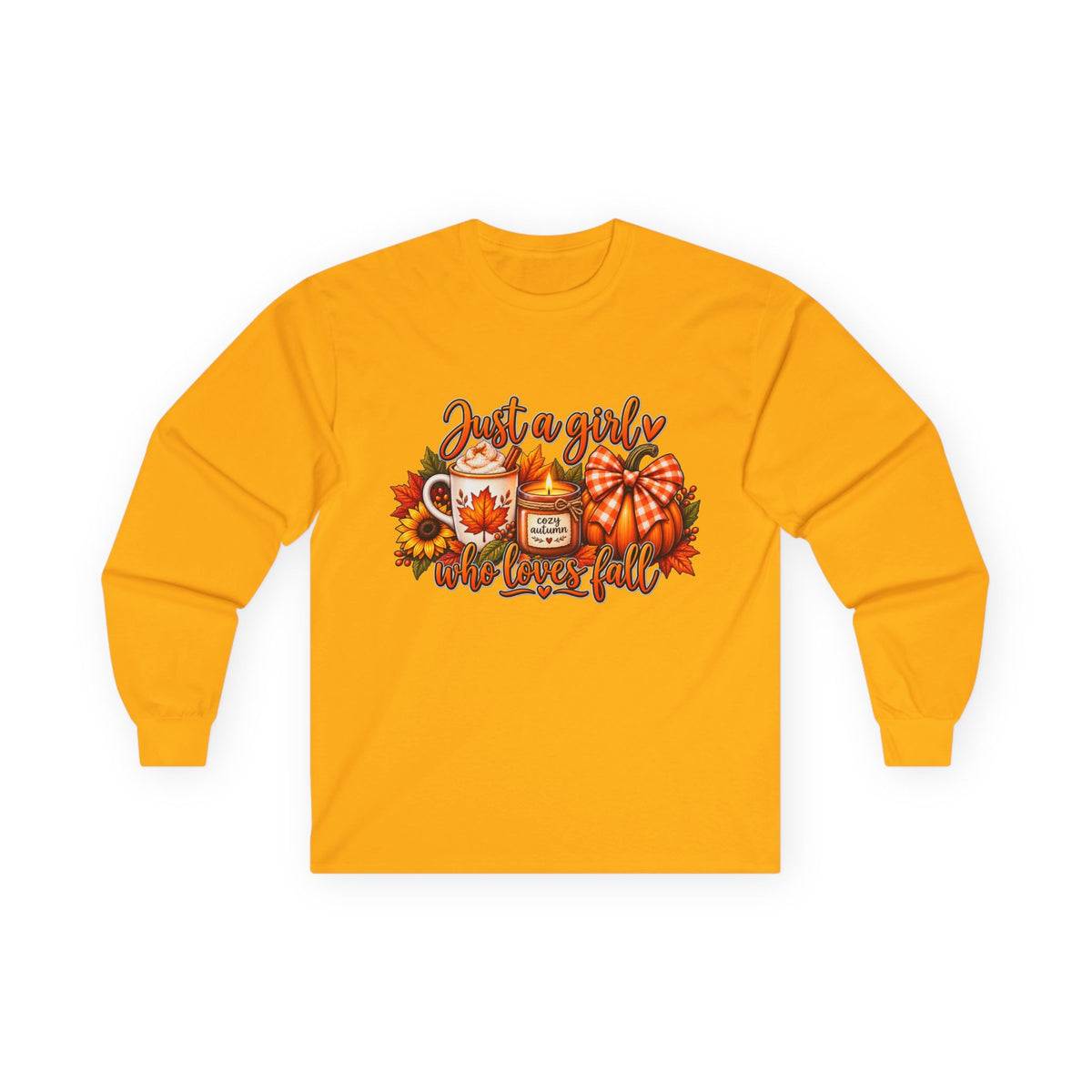 Just a Girl Who Loves Fall Long Sleeve Tee — Cozy Pumpkin & Coffee Autumn Shirt