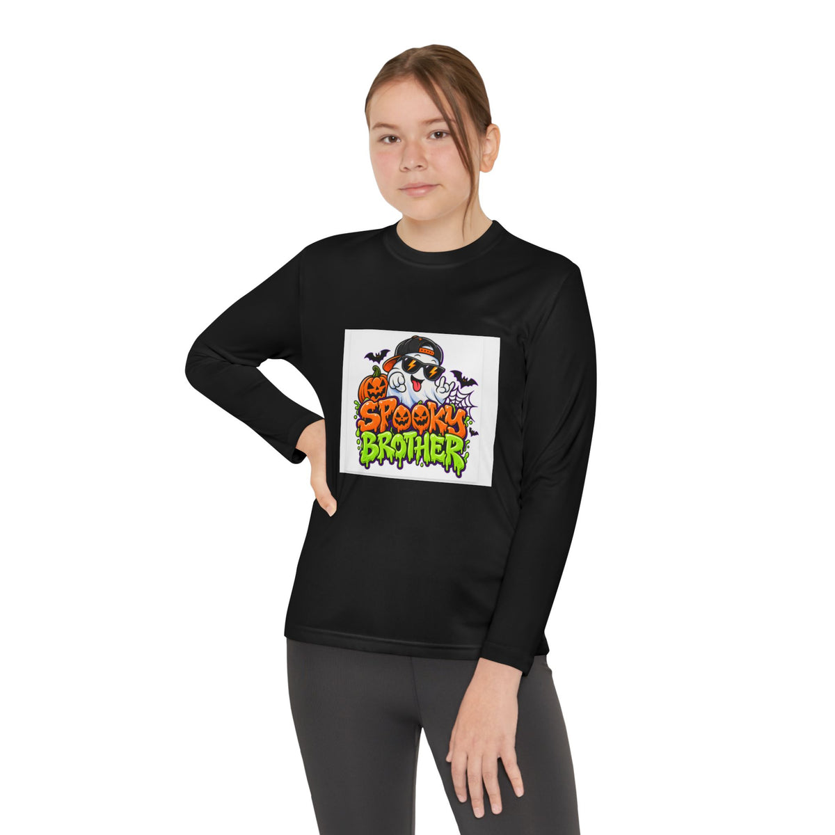 Youth Long Sleeve Tee — "Spooky Brother" Halloween Ghost Graphic