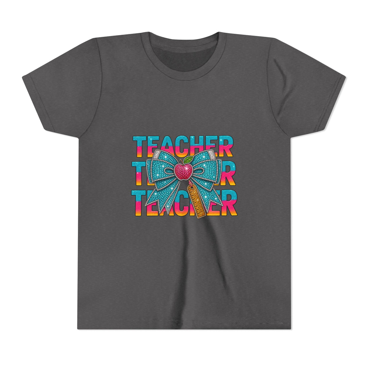 Youth Teacher Tee — Colorful Retro "Teacher" Text with Bow Pencil Graphic