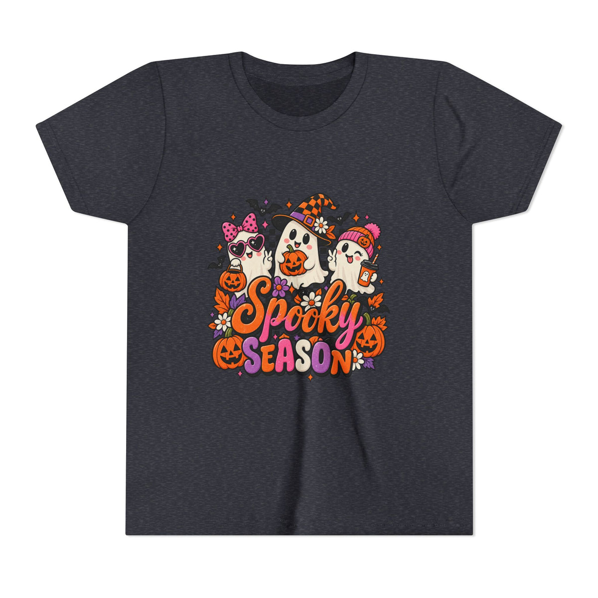 Youth Halloween Tee - "Spooky Season" Ghosts & Pumpkins Graphic Shirt