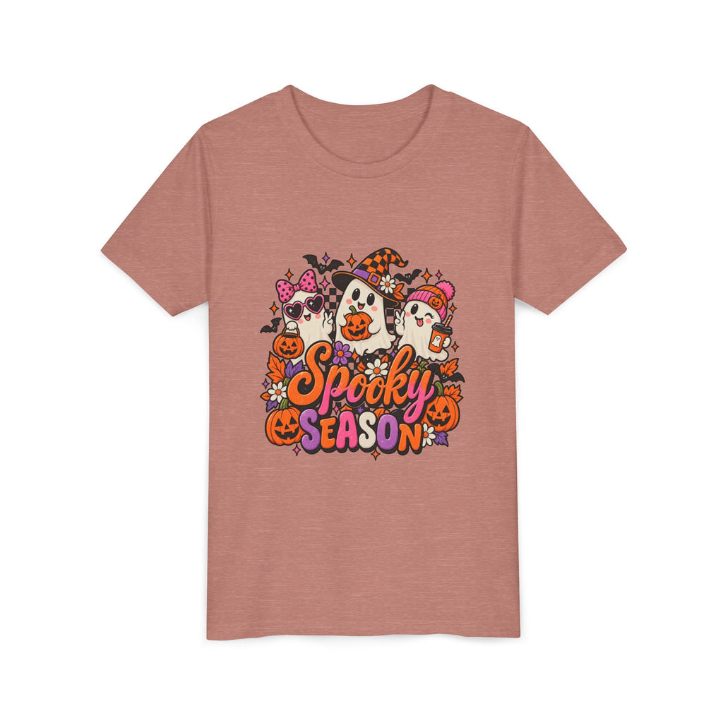 Youth Halloween Tee - "Spooky Season" Ghosts & Pumpkins Graphic Shirt